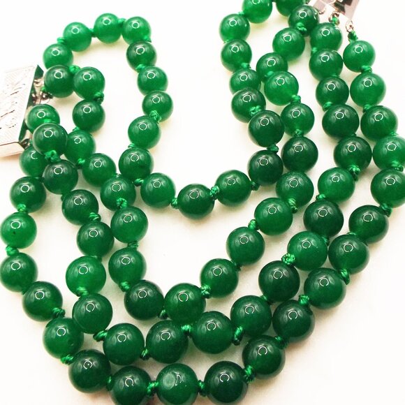 PERFECT CHINESE IMPERIAL JADEITE 4 STRD 8MM KNOTTED STERLING CLASP BRACELET 39 - Picture 6 of 9